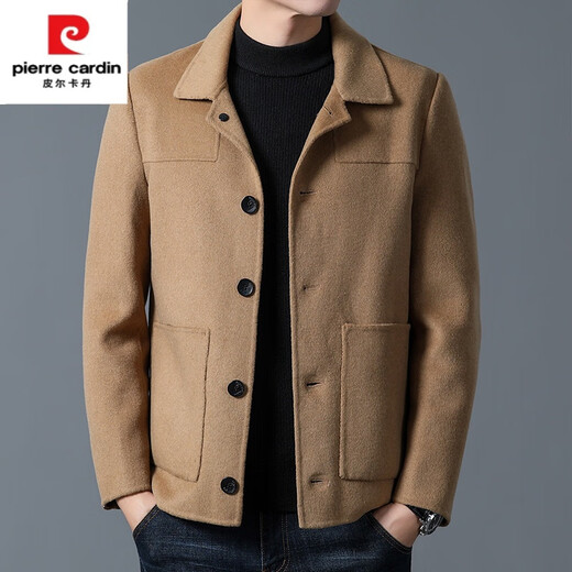 皮尔卡丹（pierre cardin）秋冬季羊毛加厚双面呢大衣男士短款翻领休闲毛呢纯色夹克外套 黑色 L 175