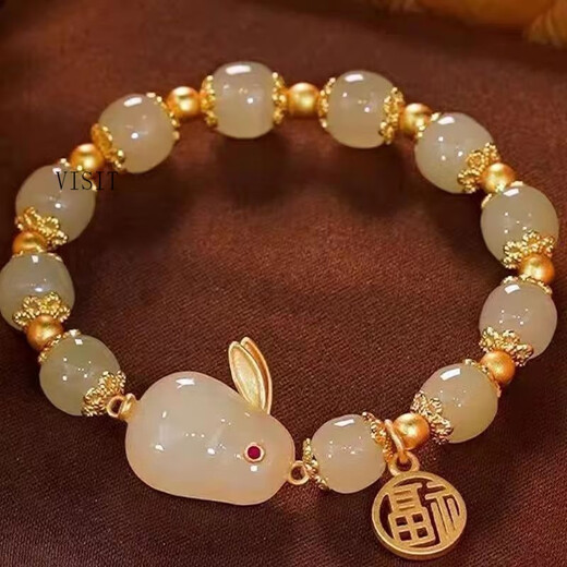 VISIT儿童玉兔手链女童兔子本命年手镯红色日韩首饰女孩生日礼物生日礼 K LW新绿珠子新玉兔手链