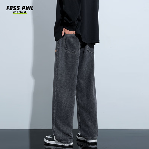 Foss Phil牛仔裤子男士春夏季宽松阔腿直筒裤子休闲裤838黑灰3XL