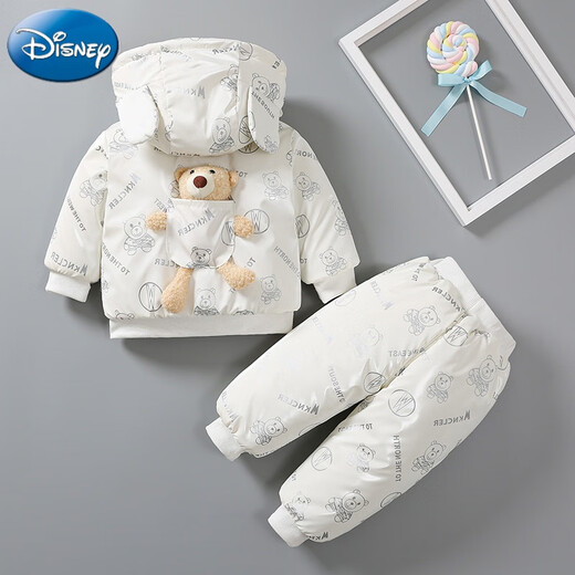 迪士尼（Disney）婴儿冬装棉衣套装加厚男0-1岁半2两件套衣服春秋季外出服宝宝棉袄 白色小熊帽衫两件套 加厚 90