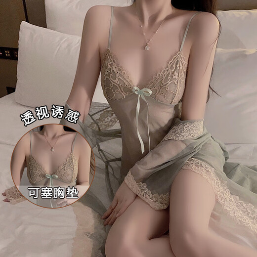 君吻秋冬情趣内衣性感网纱透视诱惑大码吊带睡裙外袍制服套装3883HXM7 3883虾粉(睡裙+T裤) M