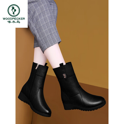 啄木鸟头层牛皮中筒靴女靴2025年新款真皮软底短靴秋冬加绒中年妈妈马靴 GQ 9716 黑色 加绒 4.5厘米 34