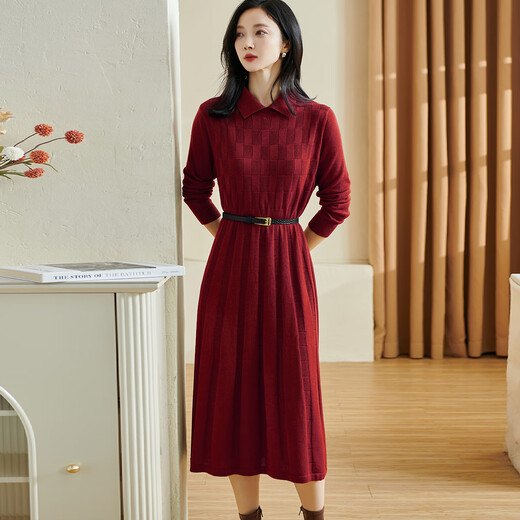 Misshine 2024 autumn new style retro plaid dress design pleated knitted skirt for women 3523 red S