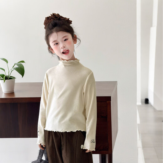 Tutu Little Elephant Girls' Bottoming Shirt Autumn and Winter Children's Solid Color Simple Long Sleeve Versatile Wooden Ear T-shirt Warm Tops Apricot 130