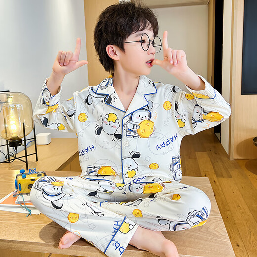 莫代尔儿童睡衣纯棉男童春秋季长袖薄款套装小男孩中大童2024新款家居服 3878#【纯棉】 16码(建议身高135-145cm)