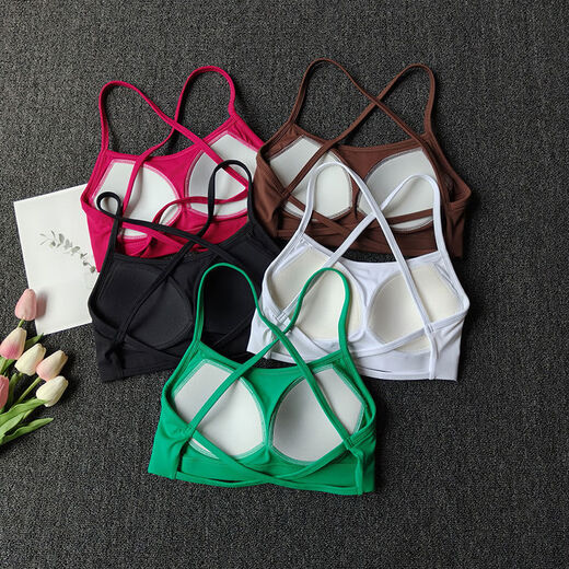 Cross-shoulder strap yoga bra for women with thin straps and beautiful back breathable quick-drying fitness sports bra training Pilates vest removable fantasy powder XL XL