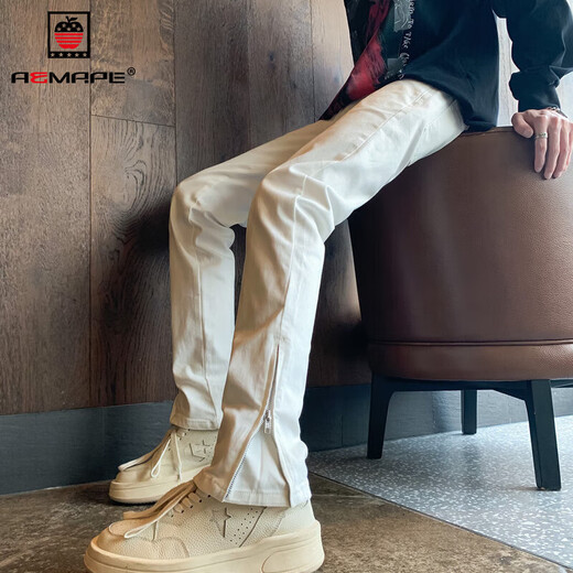AEMAPE white slim jeans men's American vibe style pants handsome 2025 new upgraded micro-flare straight pants men's white (K838) M 90-110Jin[Jin equals 0.5 kg]