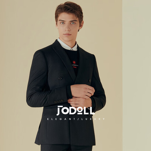 JODOLL乔顿男士商务休闲黑色西装外套双排扣羊毛西服套装上衣 黑色 48A
