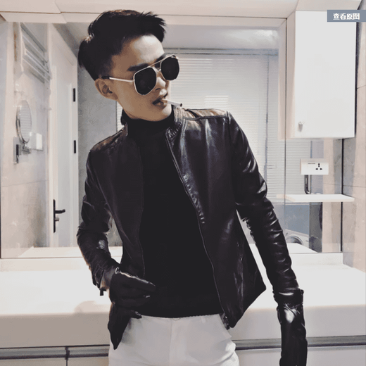 Cui Wanzhi Short Jacket Small Small Size Clothes Short Small Size Slim Leather Jacket Men's Winter Plus Velvet Leather Jacket Brand Black Regular XS Brand XS