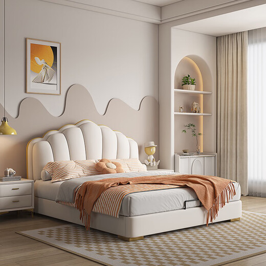 Wufan modern soft-packed shell bed cream style master bedroom double bed 1.8m soft-packed storage bed small and medium-sized apartment full-edge bed + skin-friendly independent bag spring mattress + 1 cabinet 1.8*2m frame bed 15cm silent bed board