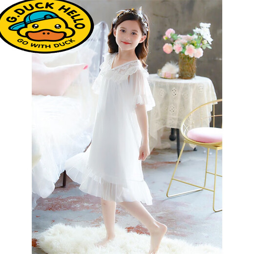 G.DUCKKIDS小黄鸭女童睡衣夏季儿童薄款短袖蕾丝莫代尔睡裙小女孩宫廷风亲子 JY1477白色长袖 110