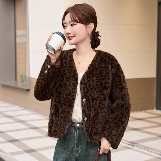 MARKYINXIANG豹纹水貂绒皮毛一体外套女2025冬新款小个子加厚环保皮草短款上衣 豹纹 LNS9717 L
