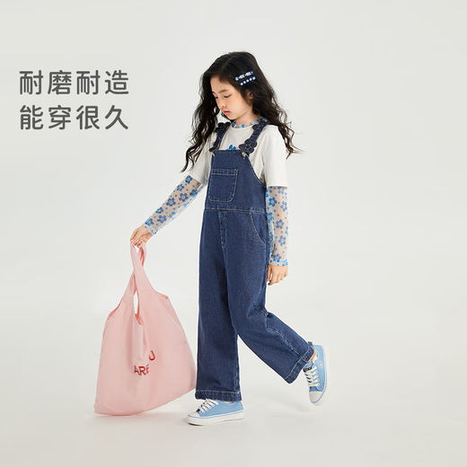 JELLYBABY背带裤女宝宝女童春秋牛仔裤大童春季直筒长裤时髦儿童春装女 牛仔蓝 110
