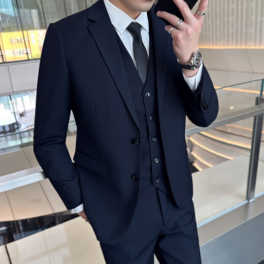ROMON Men's Suit Suit Business Casual Slim Suit Commuting Professional Formal Wear New Groomsman Wedding Dress Jacket Men Black Double Button Suit+Trousers+Shirt 3XL 150-165Jin Jin is equal to 0.5 kg +8 gifts
