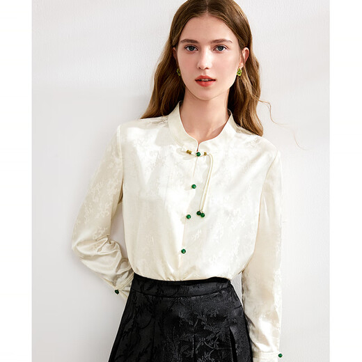 Betu Women's Autumn New Oriental Simple Luxury Style Chinese Disc Button Dark Pattern Jacquard Shirt Women 2408T45 Apricot L