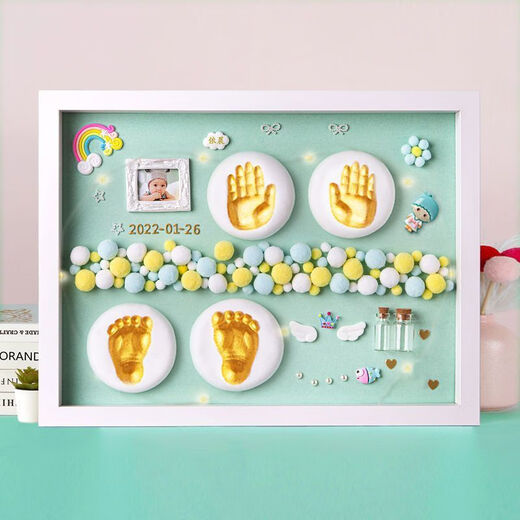 满月纪念手足印泥相框胎毛脐带新生儿宝宝百天手脚印婴儿周岁礼物 豪华款12寸【花开富贵】粉款金漆