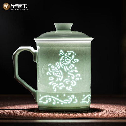 Gold inlaid jade Huang Shouliang handmade tea cup Jingdezhen Yingqing carved business office home tea cup gift giving good luck