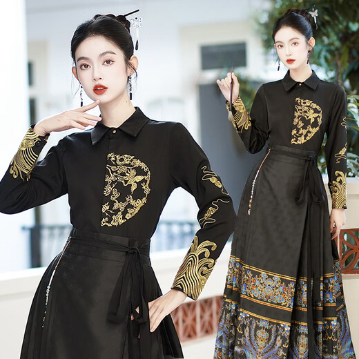 闻莺燕改良汉服成人女国风金线刺绣凤凰织金妆花马面裙套装女日常套装 9711凤凰黑金马面裙 S