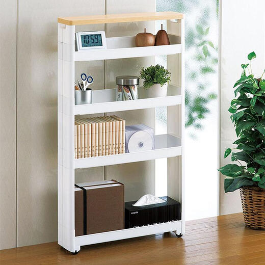 Likuai sandwich storage rack imported from Japan, removable kitchen and bathroom storage cabinet, side narrow cabinet, four layers (with top wooden board)