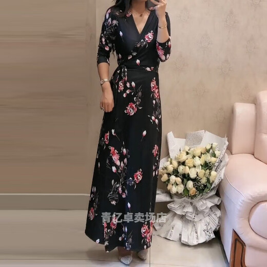 NYCKJK Temperament Fleischbedeckte Wickelrock Retro Blumenschleife 2022 Frühling und Sommer Neues schwarzes langes einteiliges Kleid 3271 s