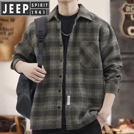 JEEP SPIRIT High Street Trend Heavy Thick Plaid Shirt Jacket Men's Autumn and Winter Long Sleeve Jacket Plus Velvet Men's Shirt 815 Brown Style Plus Velvet XL Recommended Weight 140-160