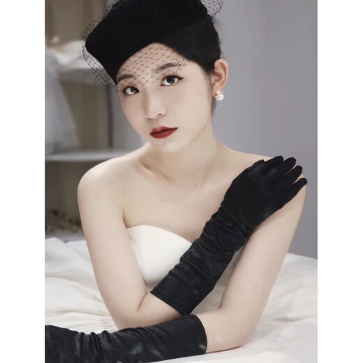 蕉京新娘手套加长结婚新娘伴娘丝绒缎面婚礼服晚宴丝绒手套酒红黑白色 白色缎面38厘米