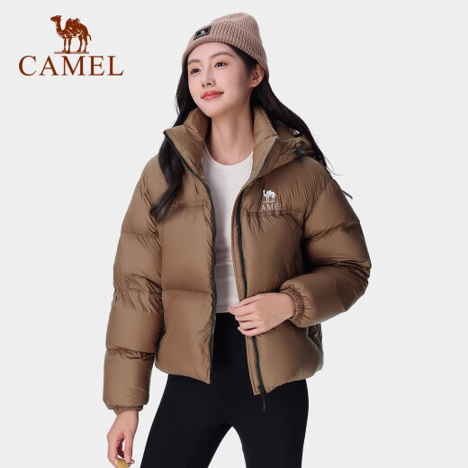 骆驼（CAMEL）黑钻系列短款羽绒服女装冬新款保暖防风连帽羽绒外套面包服 724CA6B601，幻影黑，女 L (180)