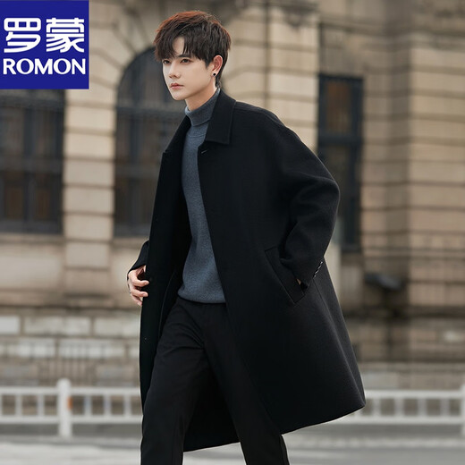 ROMON high-end 100% pure wool woolen coat men's double-sided wool coat mid-length knee-length winter thickened windbreaker black XL