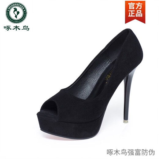Woodpecker spring and autumn women's shoes super high heel 12cm nightclub waterproof platform sexy stiletto black versatile suede small size fish mouth single shoes black 10cm lace style 37