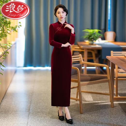 LangSha improved cheongsam autumn and winter plus velvet and thickened gold velvet 2024 new temperament noble dress for mother-in-law wedding banquet mother red 2XL suitable for 120-130Jin Jin equals 0.5 kg