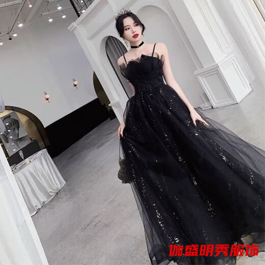 口旋黑色晚礼服女宴会春夏季新款气质成人礼毕业晚会吊带裙女高端 黑色 M 165