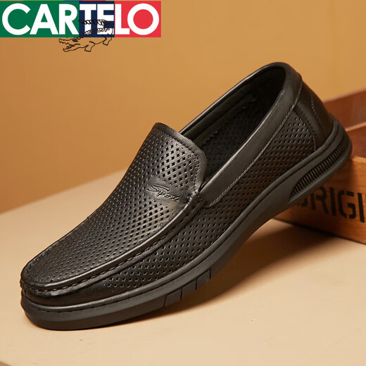 Cartelo Herrenschuhe Lederschuhe Herren Frühling und Sommer Neues echtes Leder Casual Hollow Hole Schuhe Weiche Sohle weiche Oberfläche High-End-Dad Leder Sandalen 9910 Black 38