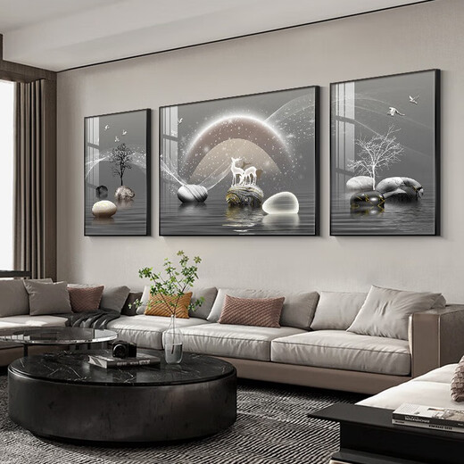 
Chengzi's high-end sofa background wall decoration paintings, light luxury high-end living room hanging paintings, elk triple paintings, murals, atmospheric wall paintings, K11972 35*50 left and right 70*50 crystal porcelain metal black frame