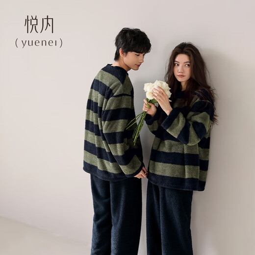 Yuenei Half Velvet Couple Pajamas Women's Autumn and Winter Coral Velvet Plus Velvet Thickened Warm Home Clothing Men's Suit 24376 Dark Green Pattern Women's XL (Male 140-160 Jin Jin equals 0.5 kg / Female 120-140 Jin Jin equals 0.5 kg)
