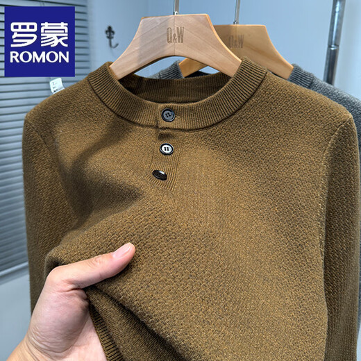 ROMON all-in-one velvet plus velvet thickened sweater men's winter middle-aged casual henley collar pullover knitted bottoming sweater to keep warm gray plus plush L 170