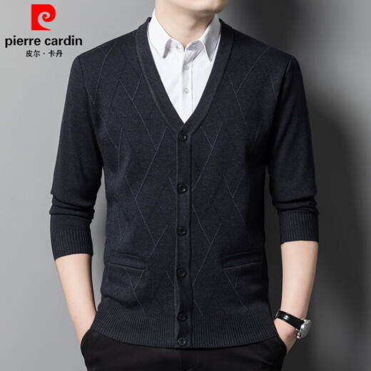 皮尔卡丹（pierre cardin）品牌羊毛针织开衫男士中青年秋冬季新款休闲毛衣外套百搭宽松上衣 中灰 185
