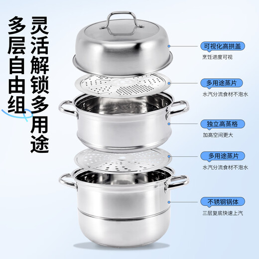 TRIANGLE steamer 304 stainless steel three-layer household 30cm soup pot steamed buns steamed buns multi-bottom gas induction cooker universal