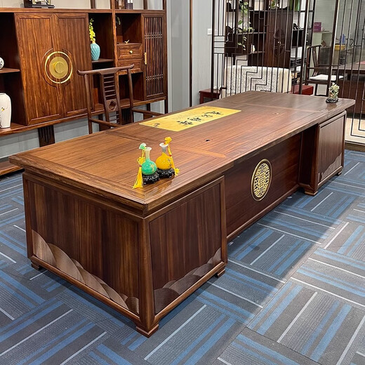 Qiheng (XIIBLC) new Chinese style desk boss desk solid wood high-end atmospheric executive desk CEO office furniture customization 2.2 meters boss desk ebony wood frame