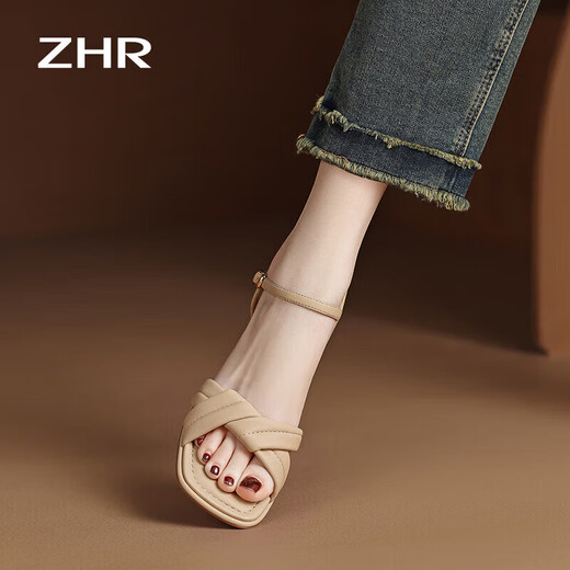 ZHR凉鞋女夏季优雅一字带粗跟女鞋温柔纯色高跟鞋子女 Y683 杏色 34