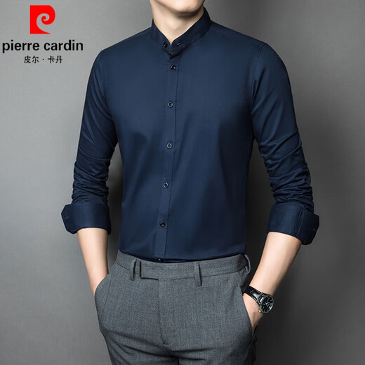 皮尔卡丹（pierre cardin）新中式立领衬衫男士长袖2025春秋季商务正装免烫职业白衬衣中针织 6629 黑色 M 【90-110斤】