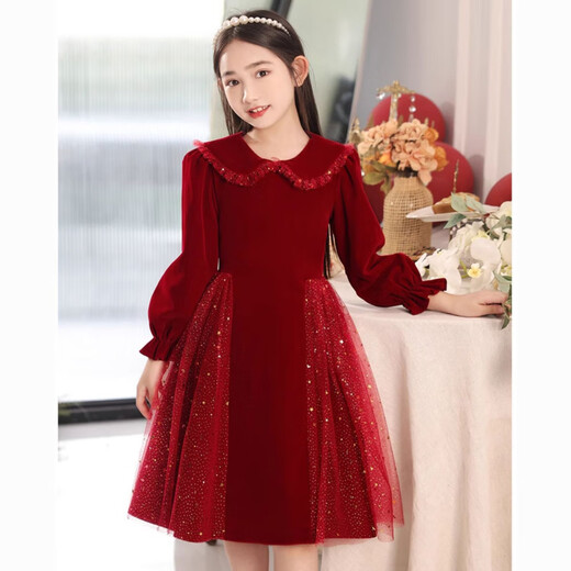 Disney Girls Dress Velvet Children's Skirt Red Princess Dress Host Performance Clothes Autumn and Winter Long Sleeve Plus Velvet Red Regular 130