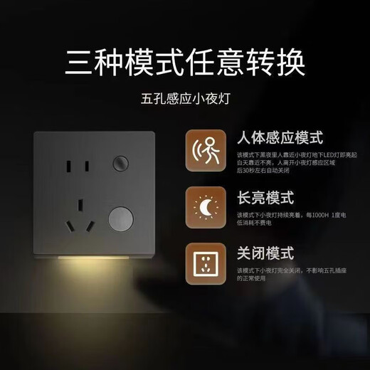 Tianshili Type 86 concealed five-hole socket with human body sensor light in aisle corridor night light embedded with foot light socket five-hole with light (white)