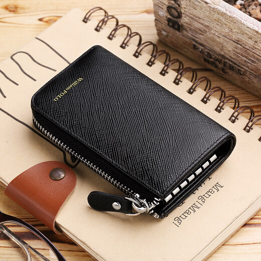 WILLIAMPOLO Emperor Paul genuine leather key bag for men's head layer leather zipper waist padlock bag Father's Day gift for dad Black-no-hanging buckle (6 locks, 4 cards, 1 car)
