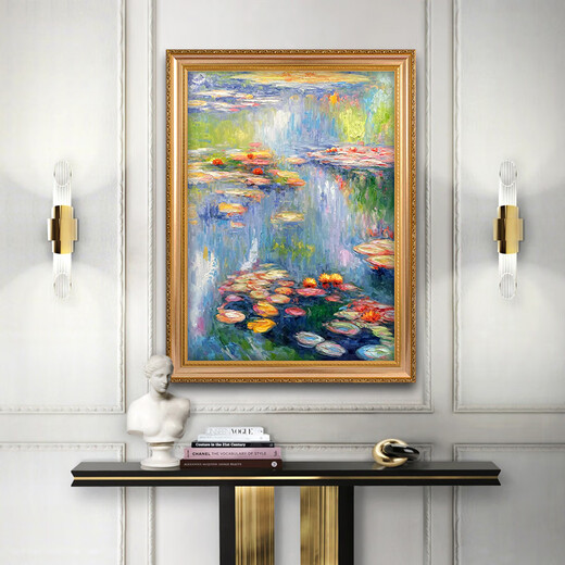 帝旗莫奈 睡莲 手绘油画竖版现代简约轻奢风格玄关装饰画走廊餐厅挂画 692金实木框 100X180