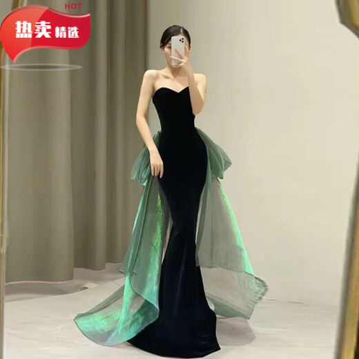 RONGXITU black velvet tube top fishtail evening dress skirt birthday performance host annual meeting long picture color S (15 days pre-sale)
