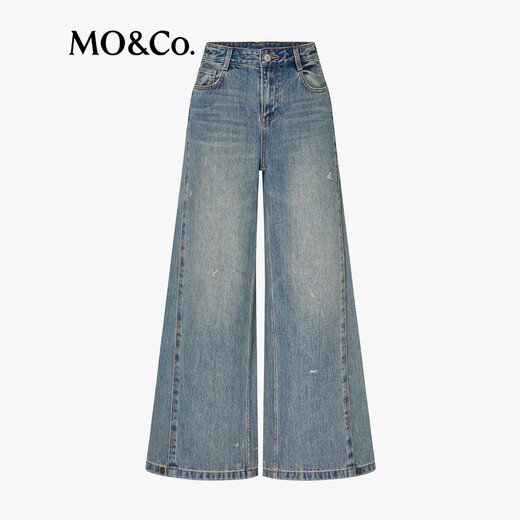 MO&Co. Divine Pants Jeans 2025 Winter New Arrival Cotton Deconstructed Splicing Side Seam Wide Leg Pants Blue Mid-Waist MBE4JENT09 Denim Blue S 26