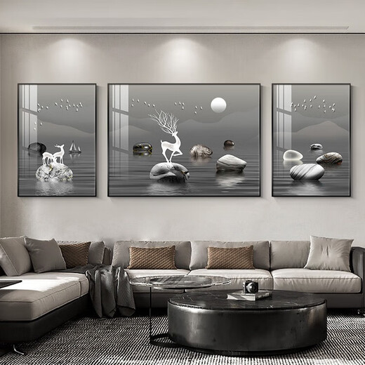 
Chengzi's high-end sofa background wall decoration paintings, light luxury high-end living room hanging paintings, elk triple paintings, murals, atmospheric wall paintings, K11972 35*50 left and right 70*50 crystal porcelain metal black frame