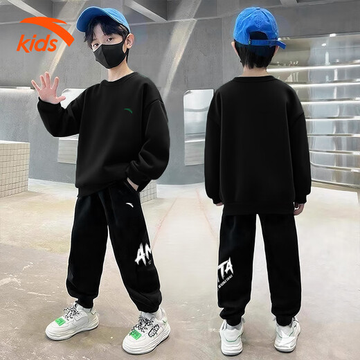 Anta children's fleece sweatshirt for men and women, middle and large children 25 autumn and winter new style youth loose cotton skin-friendly long-sleeved top black early autumn hot sale 160 cm