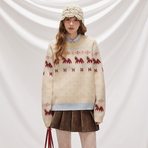 UNIFREE Fair Isle crew neck sweater classic retro jacquard loose lazy style soft waxy knitted top beige S