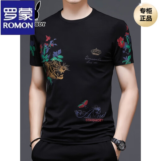 罗蒙（ROMON）高档男士t恤短袖圆领老虎头印花潮流品牌夏装冰丝高端上衣服 829#黑色 170/L